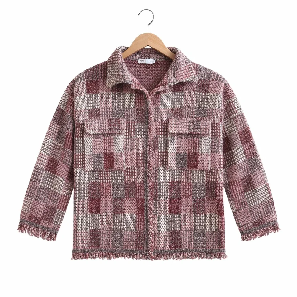 ZARA Pink Metallic Tweed Knit Shacket Jacket Check Frayed Trim Boxy S/M - Picture 2 of 9